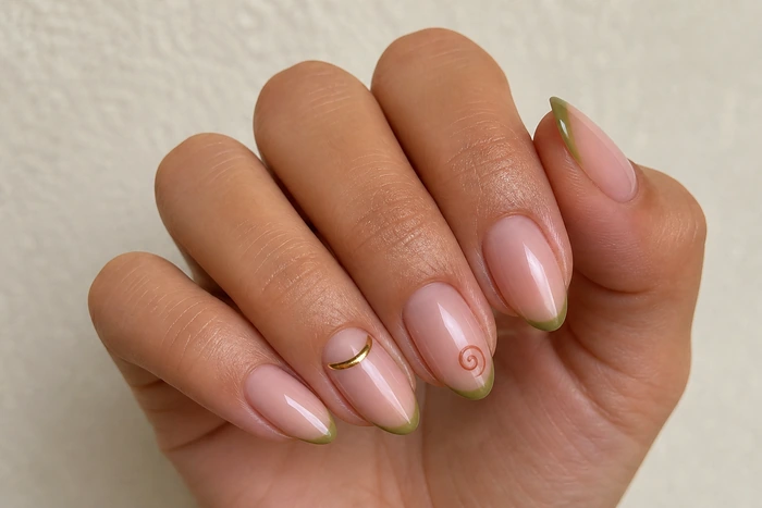 Olive micro French Thanksgiving nails with gold reverse line