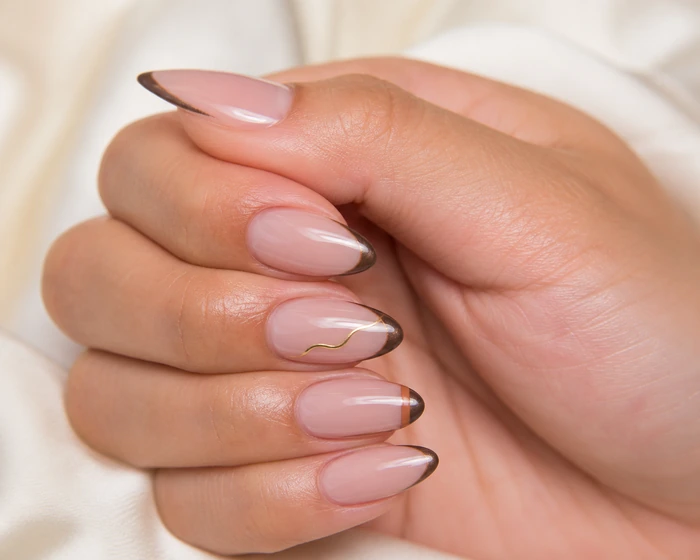 Chocolate micro French Thanksgiving gel nails with gold wave