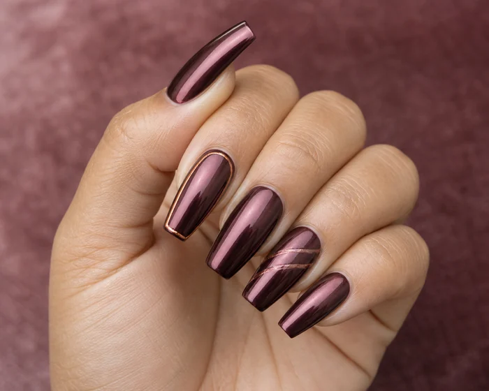 Plum chrome coffin nails with copper outline detail