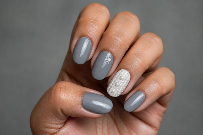 Smoke gray sweater nails with pearl knit accent and tiny star