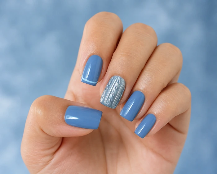 Blue square sweater nails with cool chrome cable texture