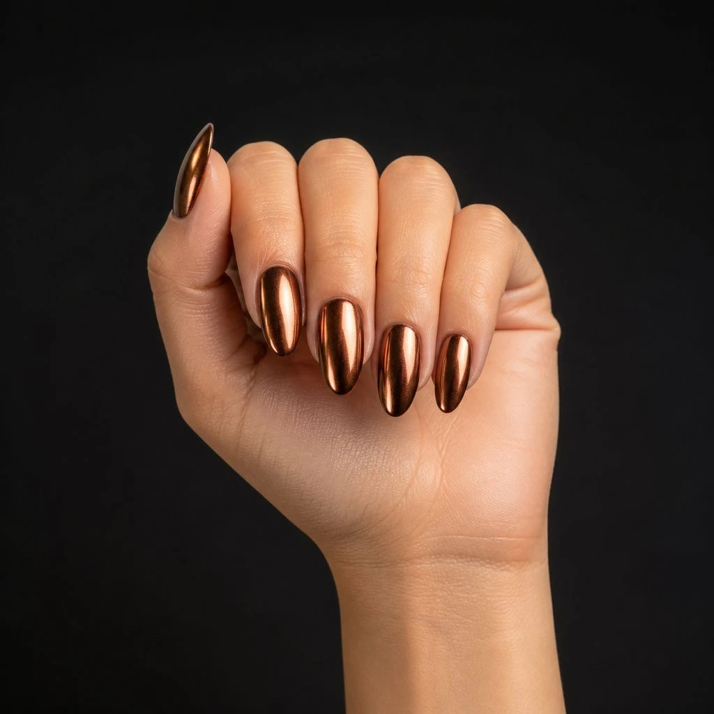 Bronze brown chrome almond nails
