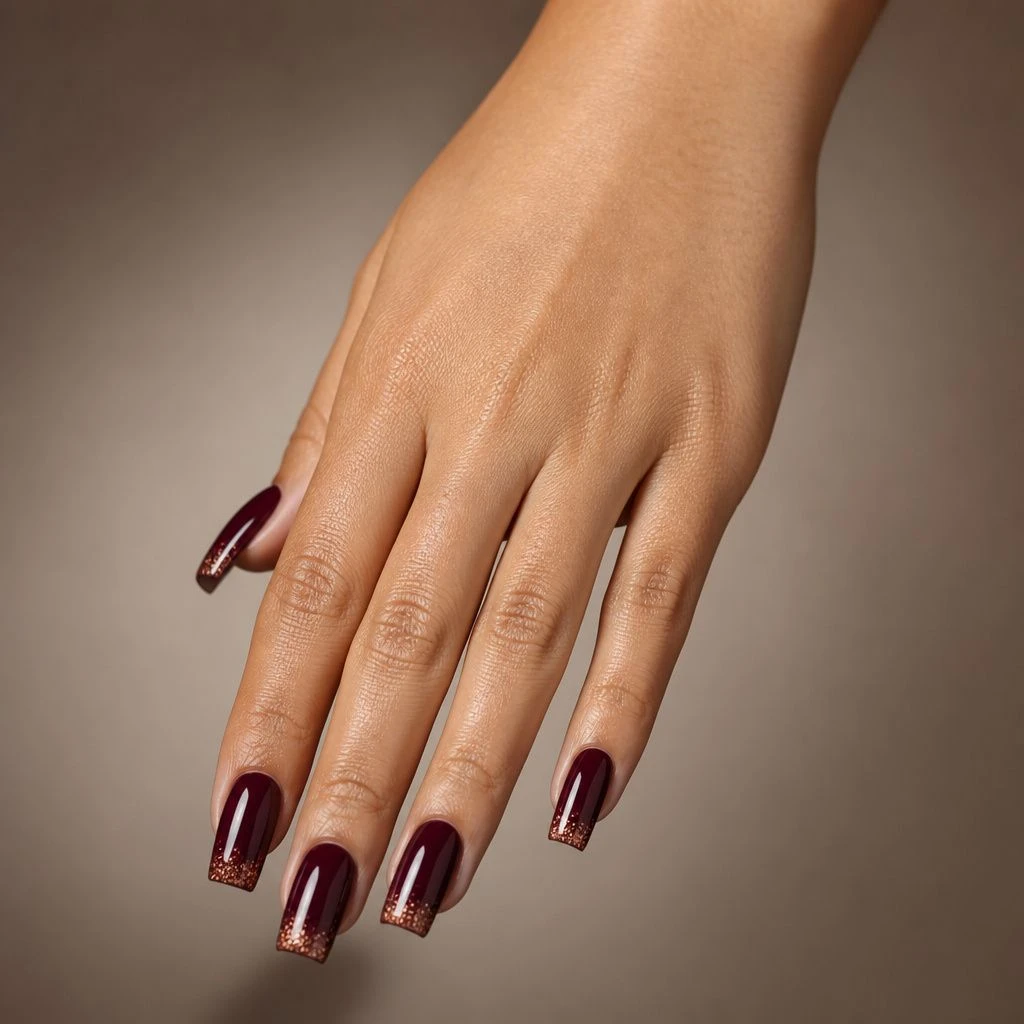 Burgundy square nails with copper glitter tips