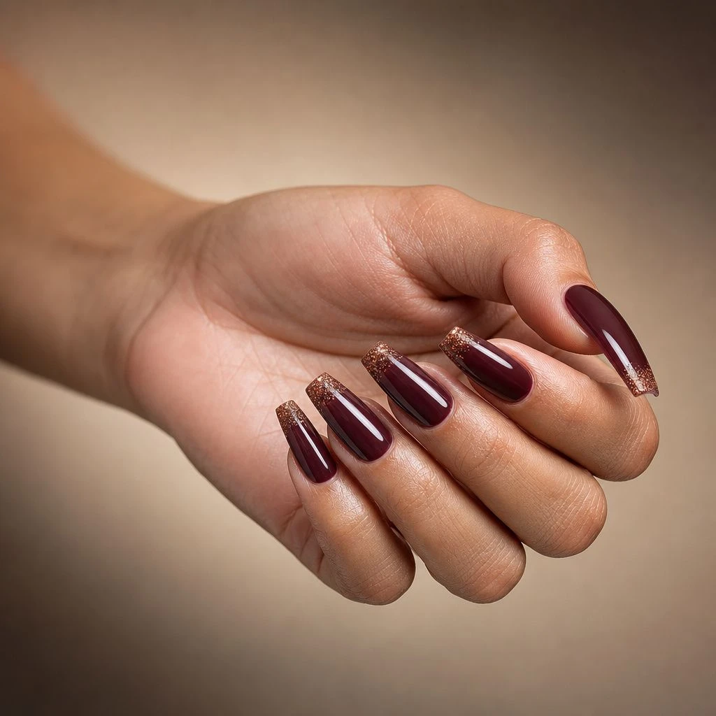 Deep burgundy coffin nails with copper glitter tips