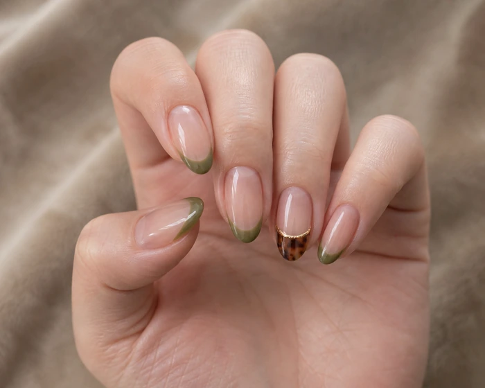Olive French nails with a tortoiseshell half-moon accent