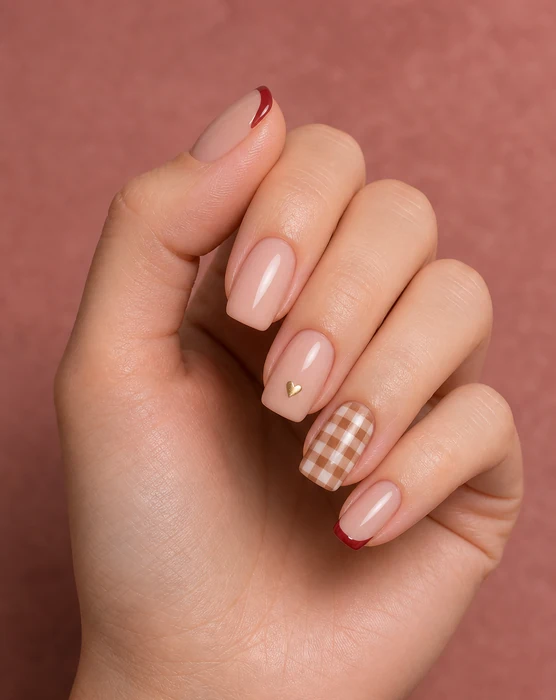 Cute nude Thanksgiving nails with cranberry French and gingham