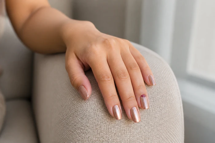Rose-gold shimmer dip nails on a neutral chair arm