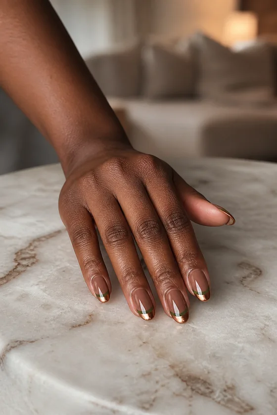 Olive and bronze double French tip fall nails on marble