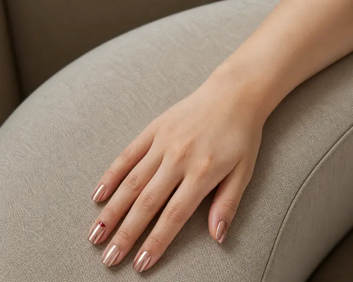 Rose-gold chrome gel nails on a neutral chair arm