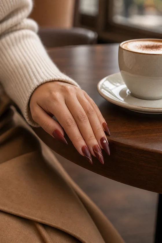 Burgundy velvet ombre fall stiletto nails beside a cafe coffee cup