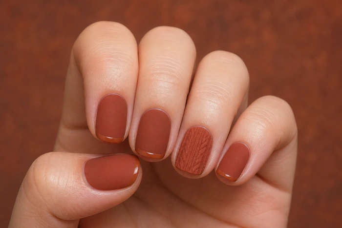 Short matte rust sweater nails with knit accent and glossy tip