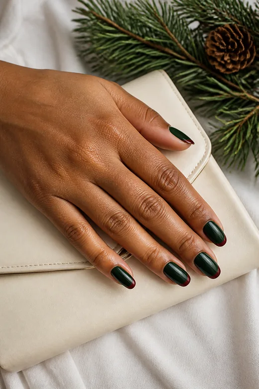 Dark Green With Red French Tips dark green Christmas nails