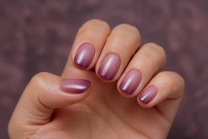 Mauve to plum gel ombre nails with pearl sheen