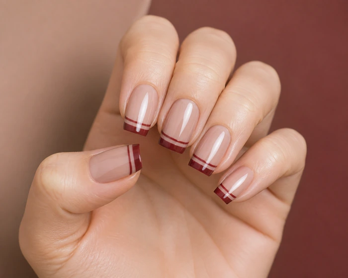Medium nude square acrylic nails with burgundy double French tips