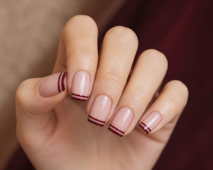 Warm nude square nails with burgundy double French tips