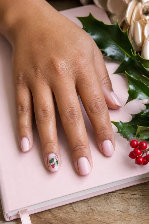 Pink Nails With a Tiny Holly Accent