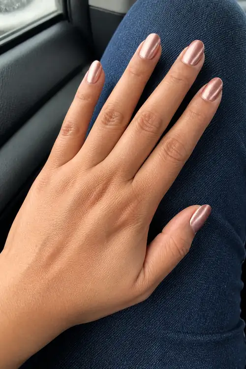 Rose gold chrome oval nails in a car
