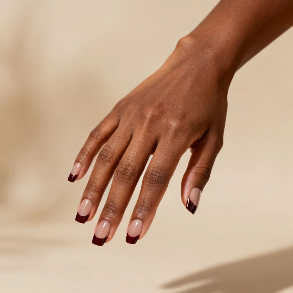 Short Almond Brown French short autumn nail design on a woman’s hand.