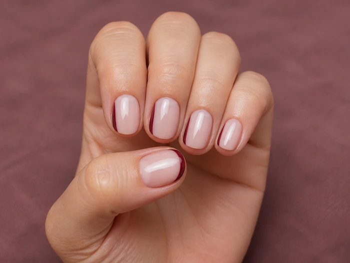 Short blush round nails with burgundy side French