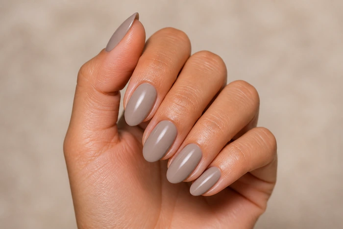 Mushroom taupe simple fall nails in a hand-only close-up