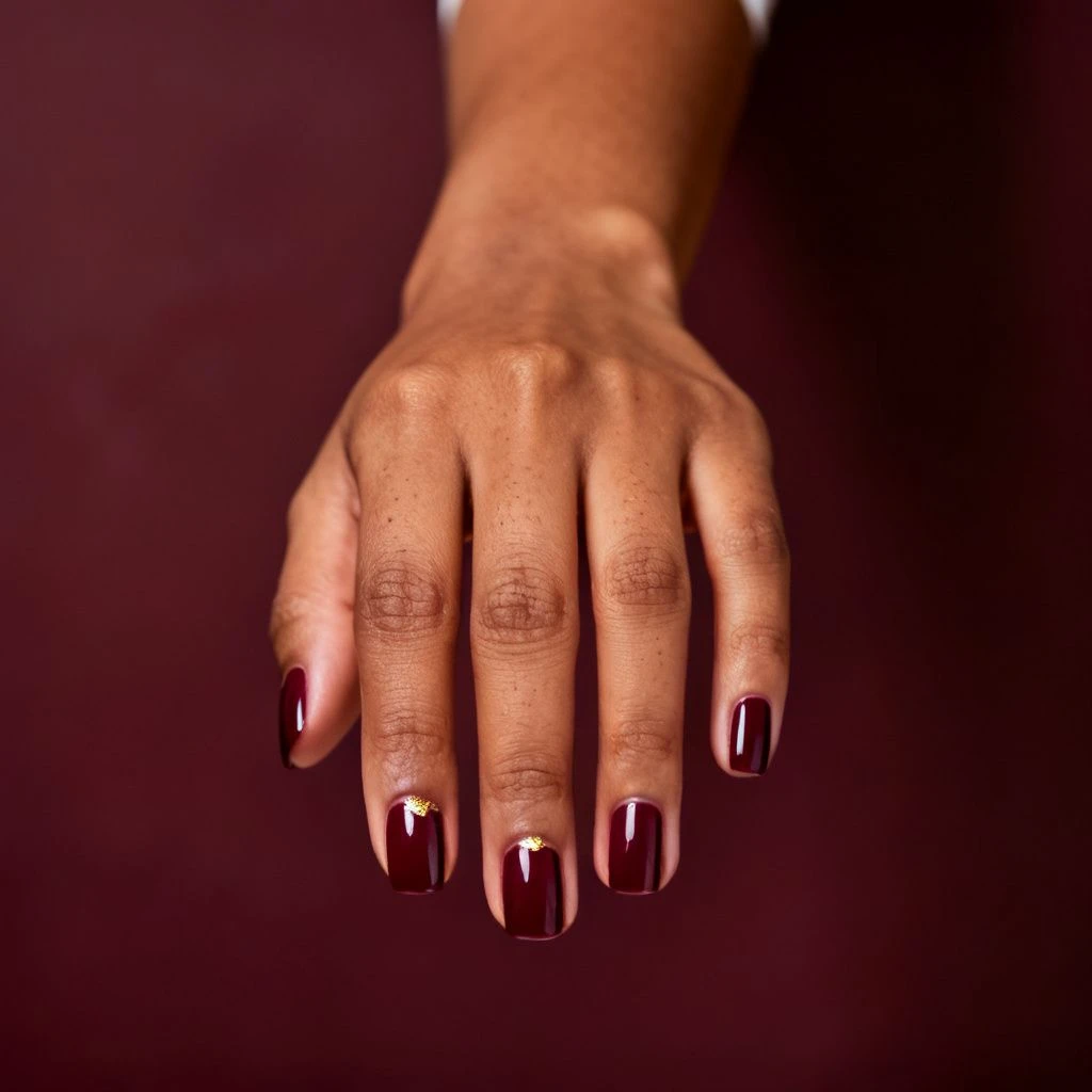Short burgundy nails with a small gold foil fleck