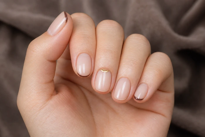 Sheer nude nails with espresso micro French tips