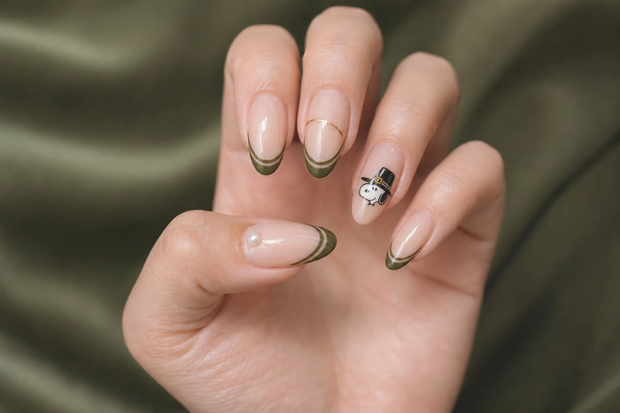 Olive French Thanksgiving nails with Snoopy pilgrim accent