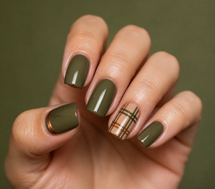 Olive sweater weather nails with caramel plaid and bronze curve