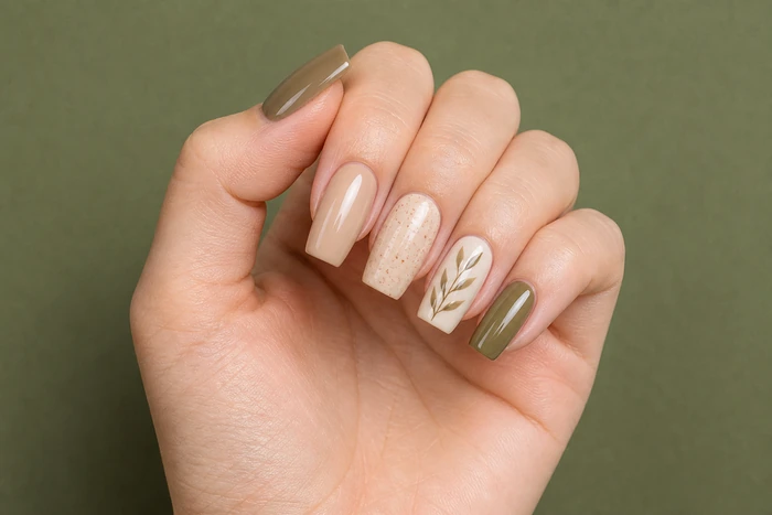 Olive botanical acrylic Thanksgiving nail art