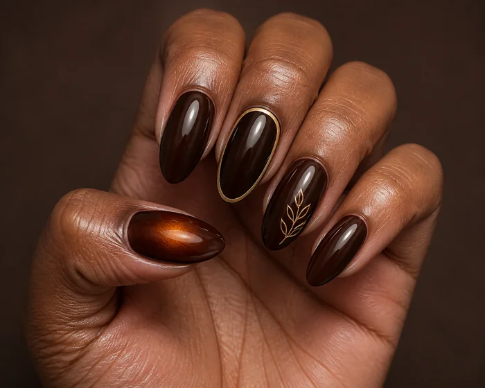 Cocoa almond nails with gold metallic outline