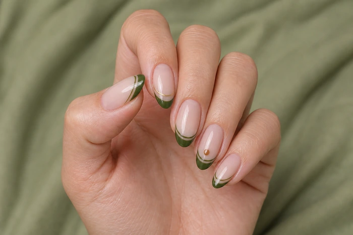 Olive double French Thanksgiving dip nails with gold curve