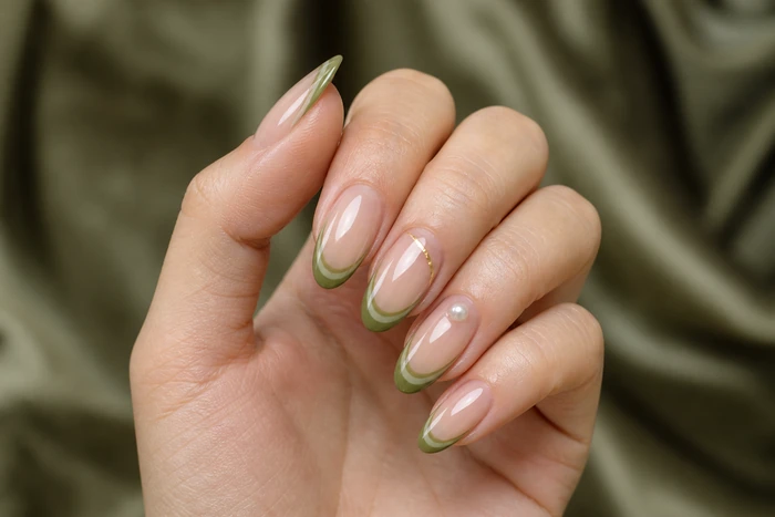 Olive double French Thanksgiving gel nails with pearl detail