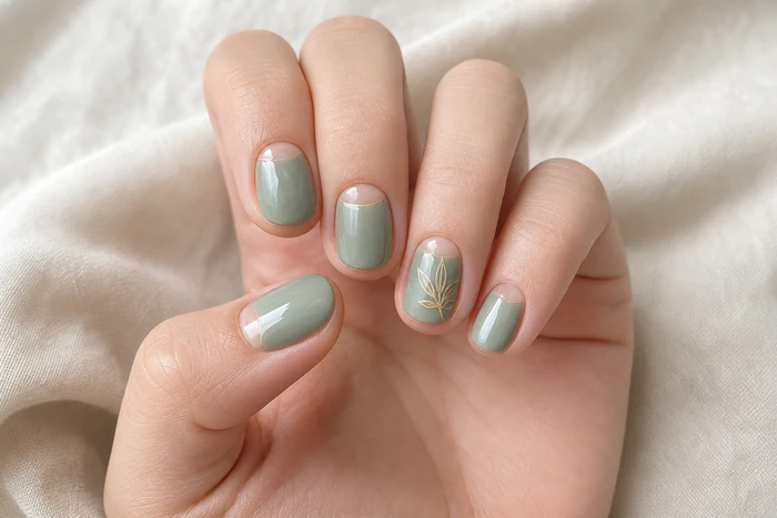 Soft sage pearl glaze nails with gold leaf accent