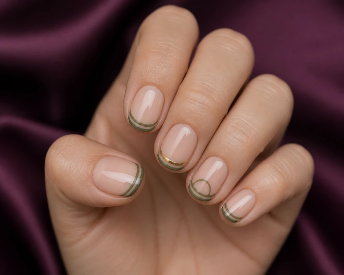 Short nude nails with olive double French tips