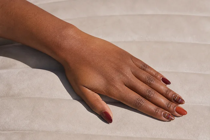 Burgundy rust and caramel plaid fall nails