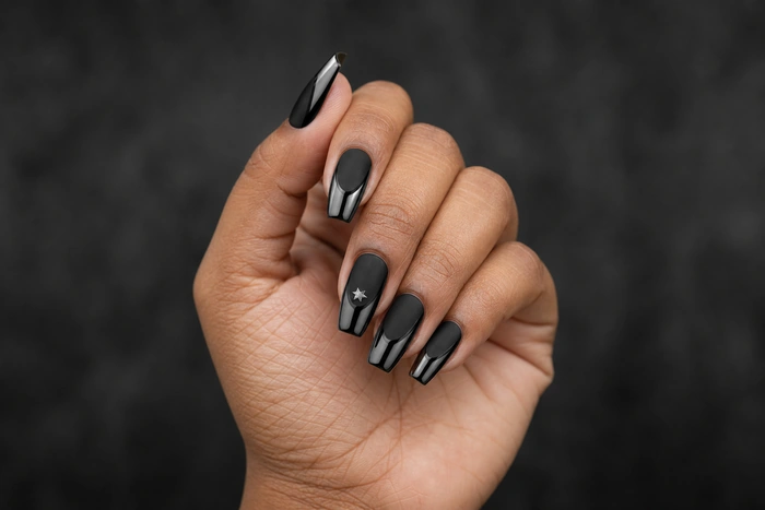 Black winter nails with gunmetal chrome and silver star detail