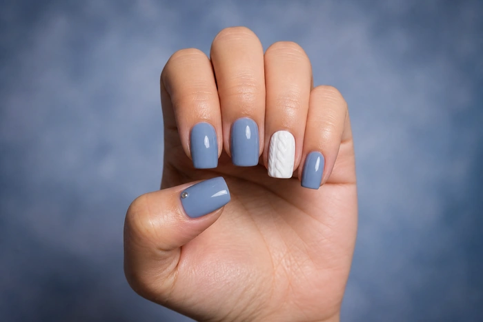 Winter blue square nails with white cable accent and silver dot