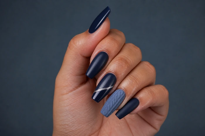Navy coffin sweater nails with frosted knit texture and silver foil