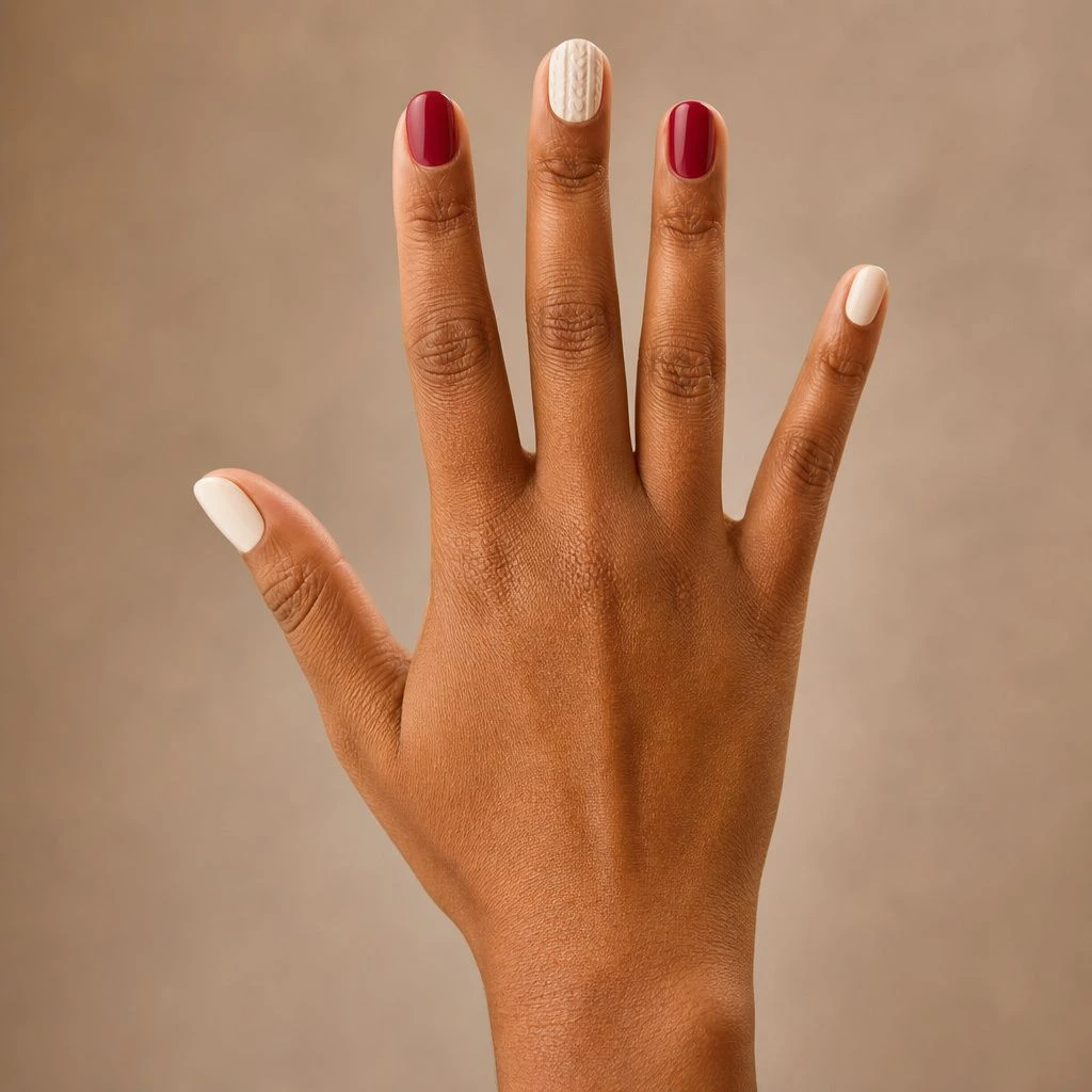 Short cream and cranberry Christmas sweater nails with a raised knit accent