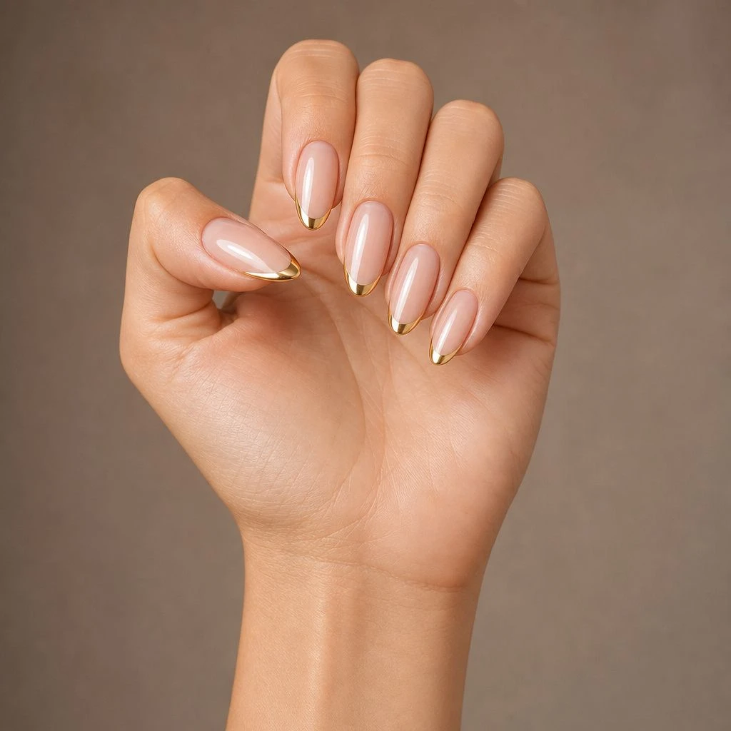 Gold chrome French acrylic nails on a sheer nude base