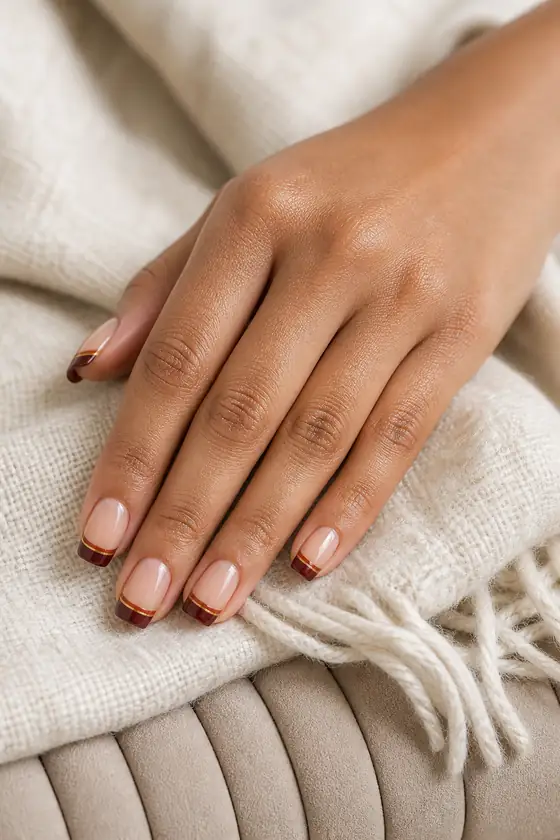 Rust and burgundy double French tip fall square nails on a scarf