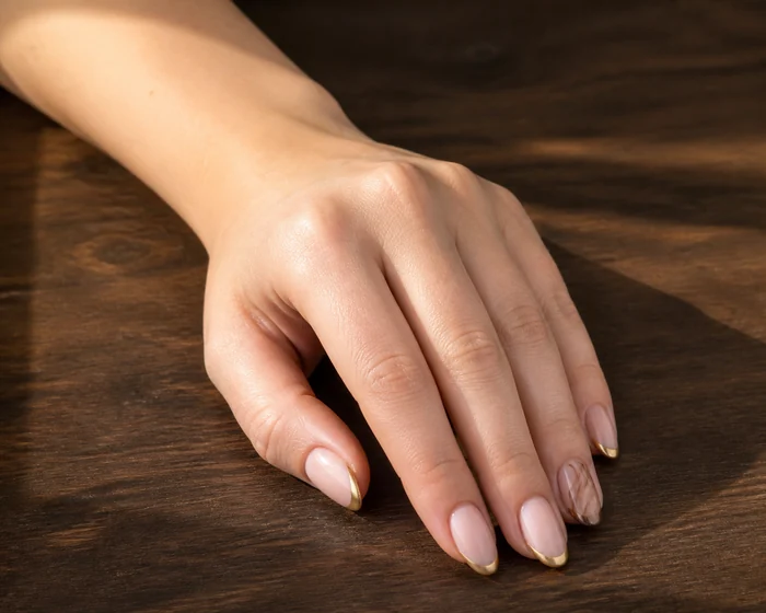 Gold chrome French tip gel nails on a dark walnut table