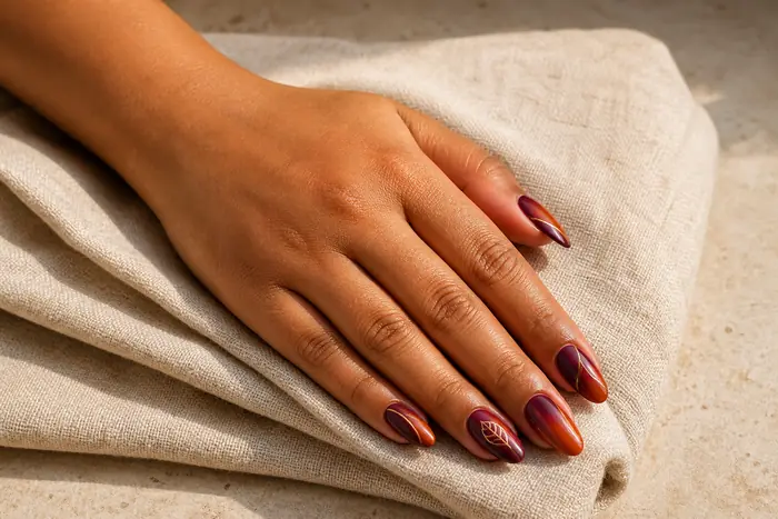Rust and plum ombré press-on nails with fine gold leaf art