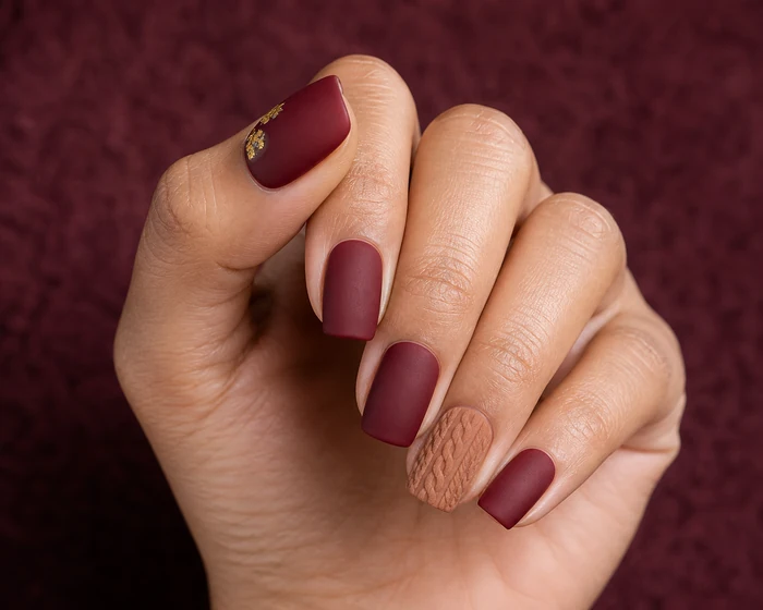 Matte wine sweater nails with caramel knit accent and gold foil