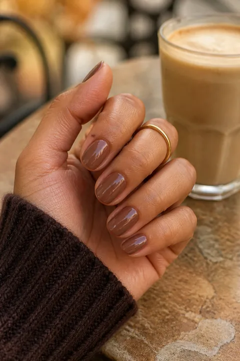 Mocha glazed brown nails at an outdoor cafe