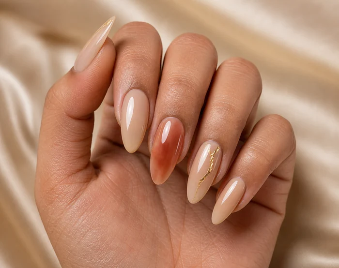 Long nude almond nails with gold leaf and rust aura