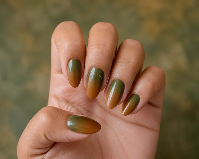 Olive to caramel gel gradient nails with thin gold arc