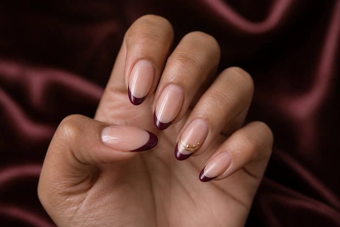 Wine micro-French nails with gold bead accents