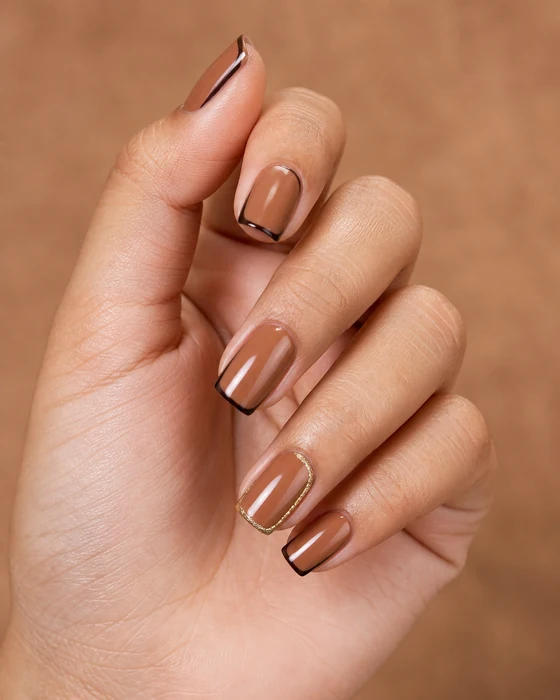 Caramel square nails with chocolate side French and gold edge