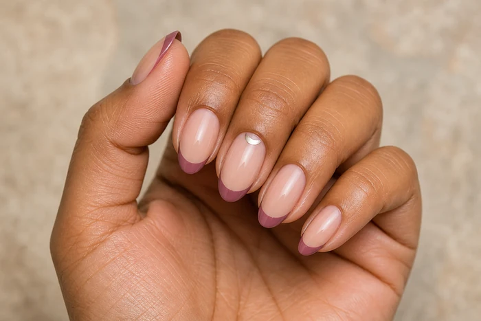 Soft mauve French tip nails with a pearl crescent